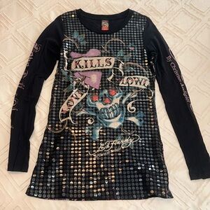Ed Hardy by Christian Audigier Girls, Womans top Black Long Sleeve Skull Y2K